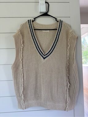 Cream V-Neck Cable Knit Sweater Vest with Navy Trim